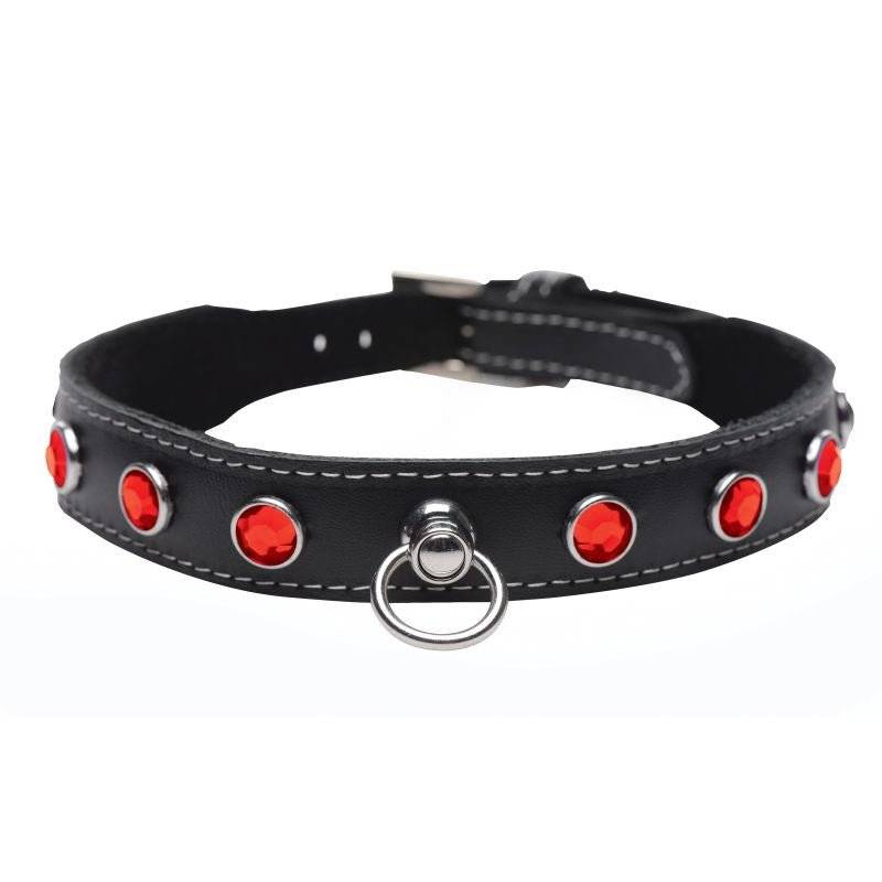 Black leather dog collar with red rhinestones and silver metal ring for confidence care and self-expression pride rave