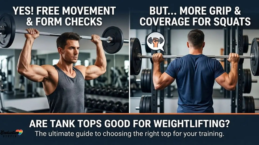 A man wearing a grey tank top presses a barbell overhead beside a man in a blue T-shirt standing at a squat rack.