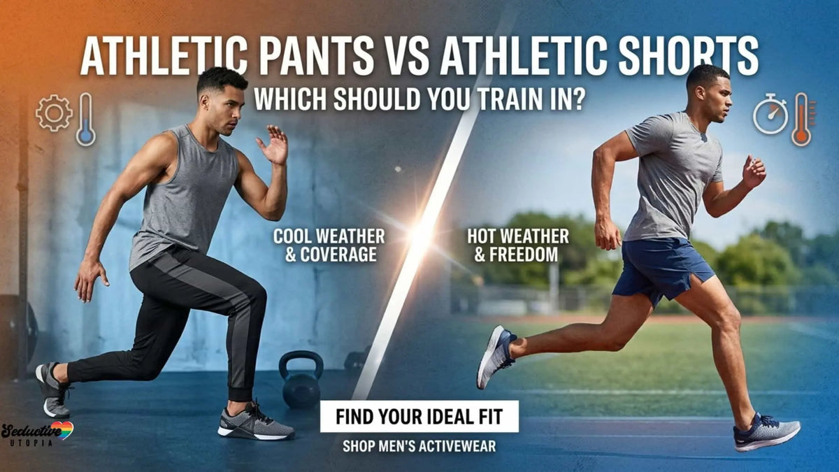 Athletic pants vs shorts: man in black training pants lunging in a gym beside a man in navy shorts sprinting on a track