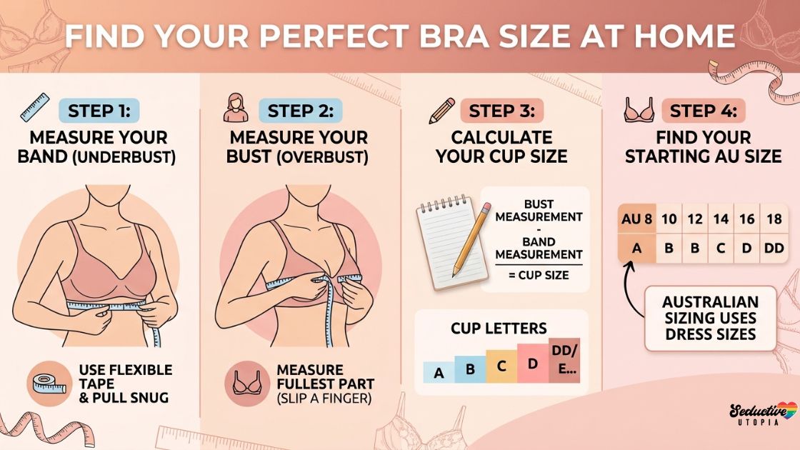 Four step illustrated diagram showing how to measure band and bust with a tape measure to find a bra cup size and AU size chart