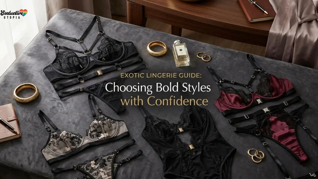 Flat lay of four bold lingerie sets in lace, satin and mesh with gold hardware, styled with jewellery, perfume and a silk robe.