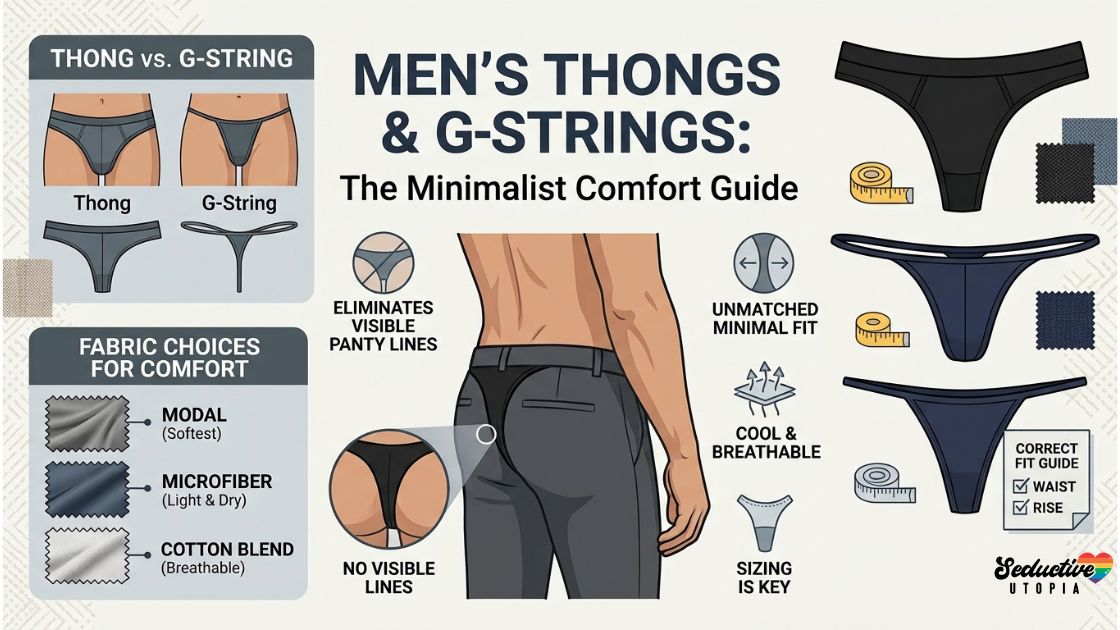 Infographic comparing men's thong and G-string cuts, fabric swatches, and correct fit sizing tips