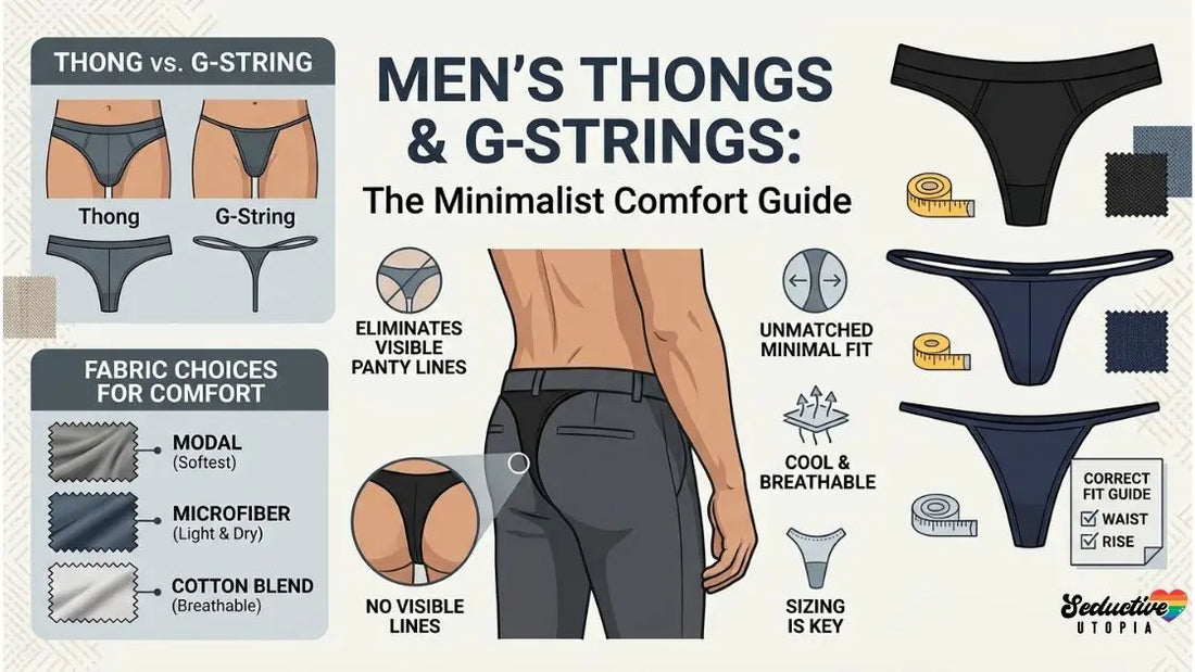 Infographic comparing men's thong and G-string cuts, fabric swatches, and correct fit sizing tips