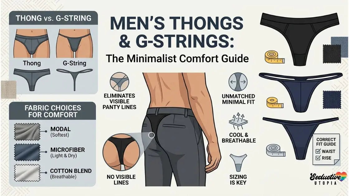 Infographic comparing men's thong and G-string cuts, fabric swatches, and correct fit sizing tips