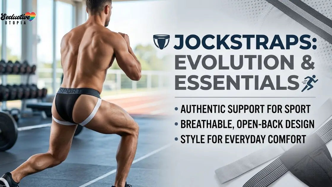 A shirtless man seen from behind lunging in a gym, wearing a black jockstrap with a black-and-white waistband reading SPORT, with weights and a running track visible in the background