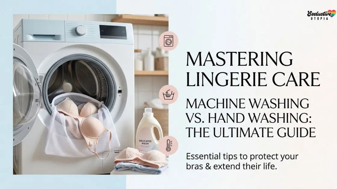 Front load washing machine with a mesh lingerie bag holding bras, a delicates wash bottle and folded laundry nearby