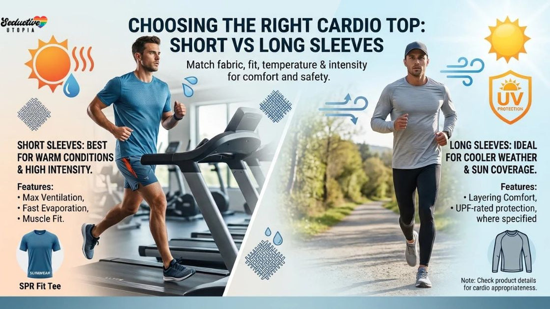 Short- and long-sleeve cardio tops compared, with a treadmill runner in short sleeves and an outdoor runner in long sleeves