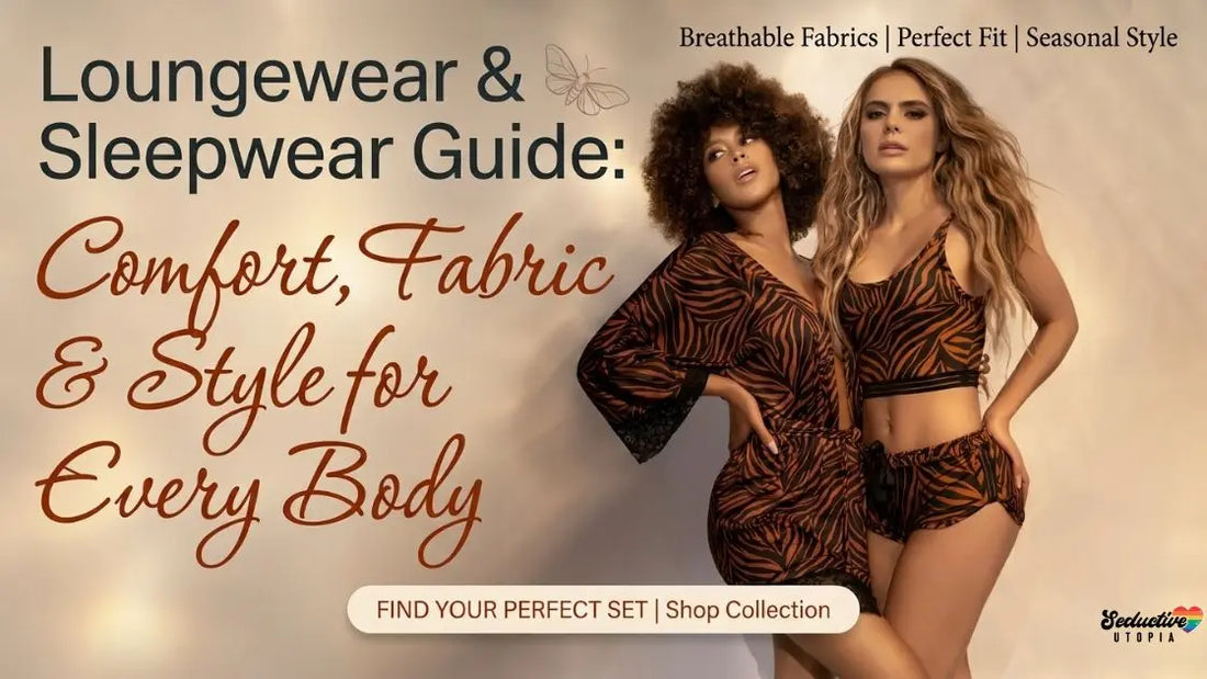 Two women wearing a matching orange and black animal-print robe and cami lounge set in a warm, softly lit setting
