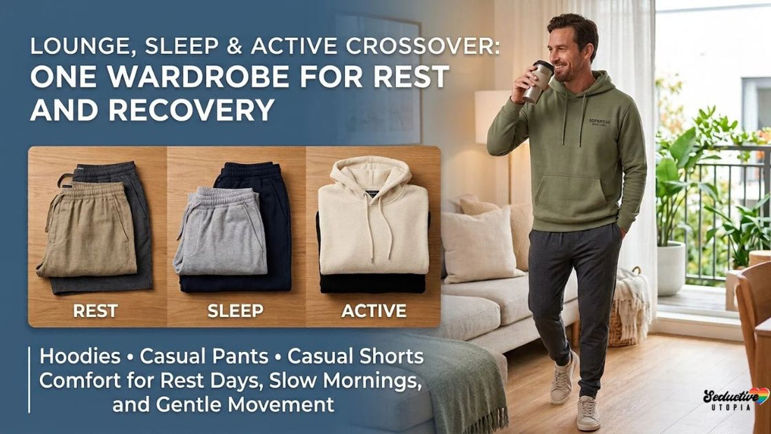 Loungewear for active lifestyles: folded shorts, pants and a hoodie beside a man in a green hoodie and joggers holding a drink at home