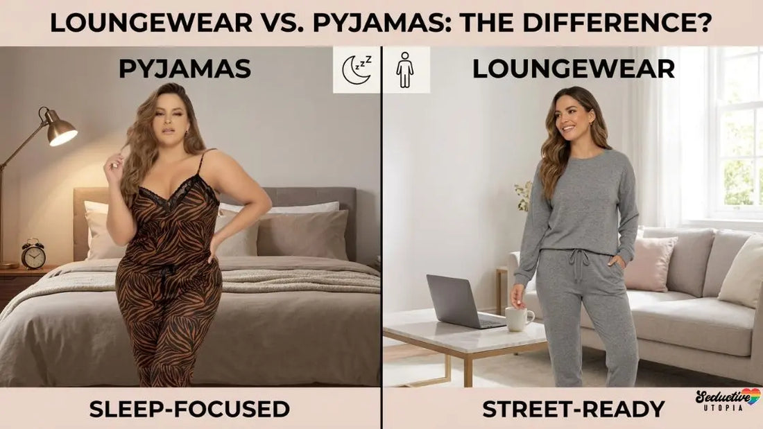 Side-by-side comparison of a woman in a tiger-print pyjama set in a bedroom and a woman in grey loungewear in a living room