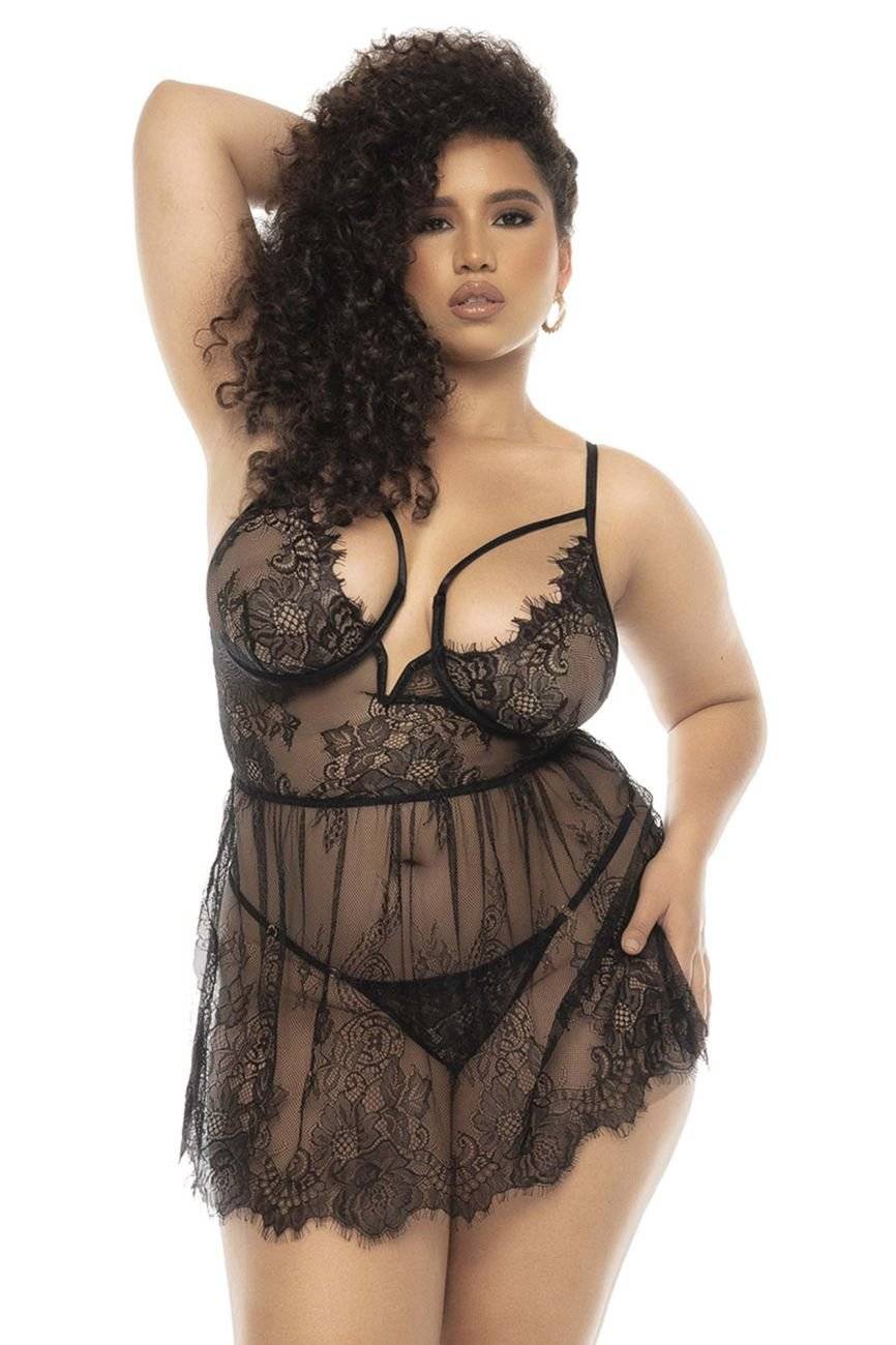 Plus-size model in a black lace teddy and matching thong.