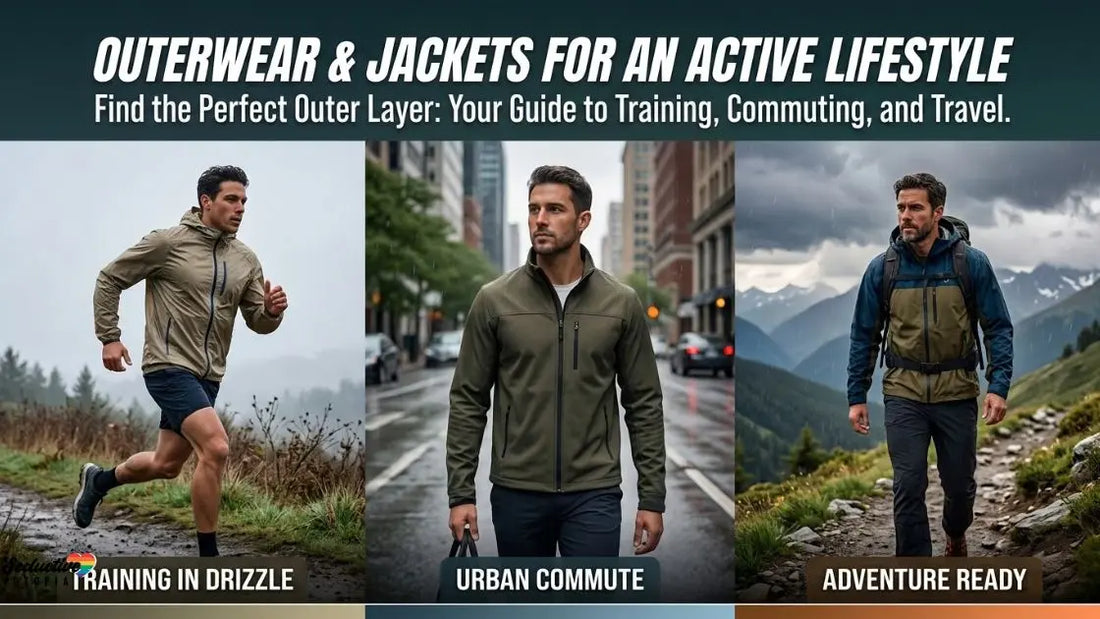 Three men in jackets, one running in drizzle, one walking a wet city street and one hiking with a backpack