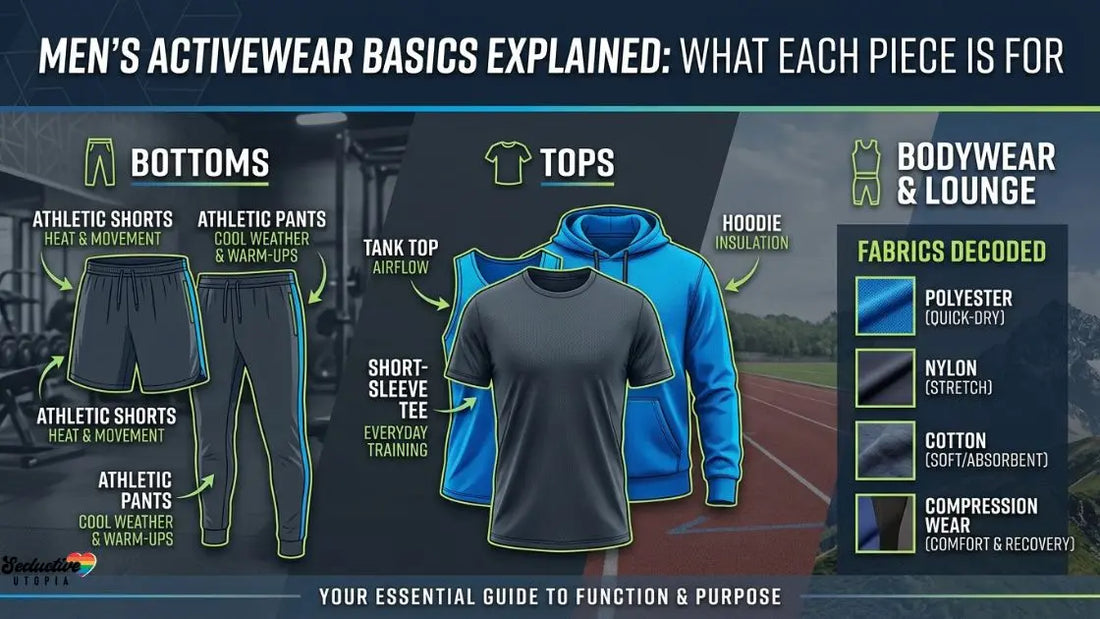 Illustrated shorts, pants, tank, tee and hoodie beside a fabric guide to polyester, nylon, cotton and compression wear