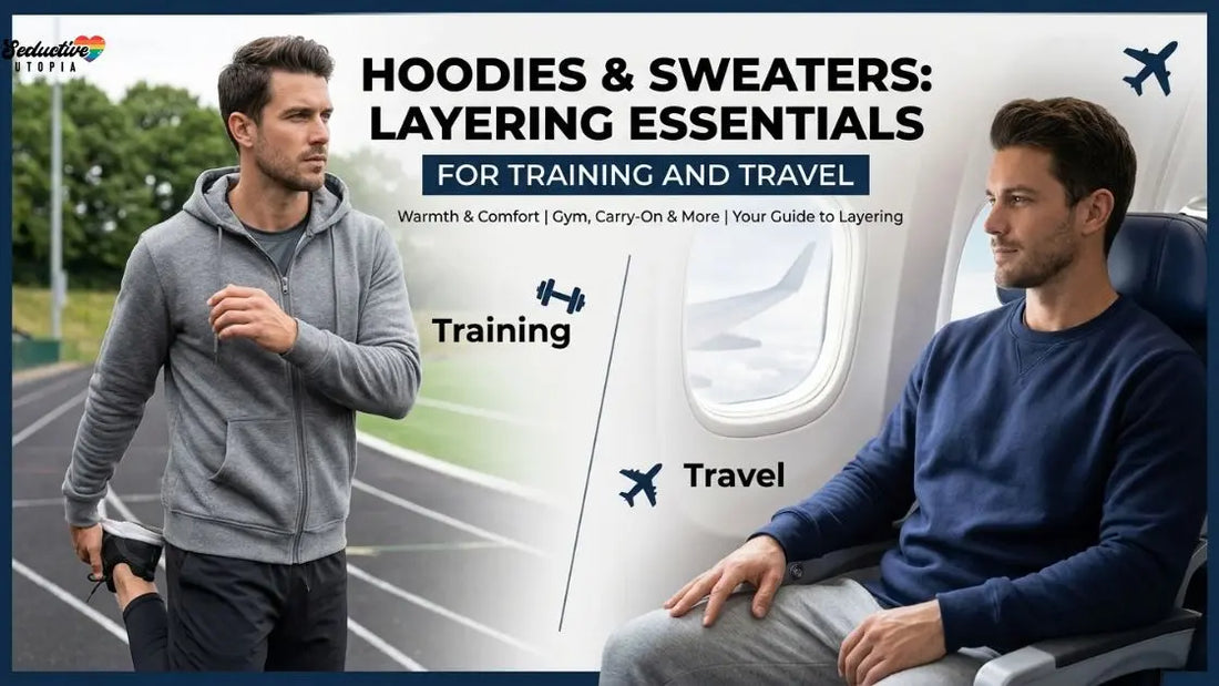 A man in a grey zip hoodie stretching on a running track beside a man in a navy sweater on a plane
