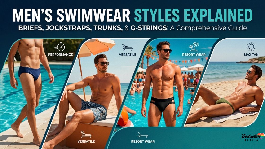 Four men modelling swimwear by a pool and beach: navy briefs, patterned trunks, black briefs and olive green swimwear, labelled performance, versatile, resort wear and max tan.