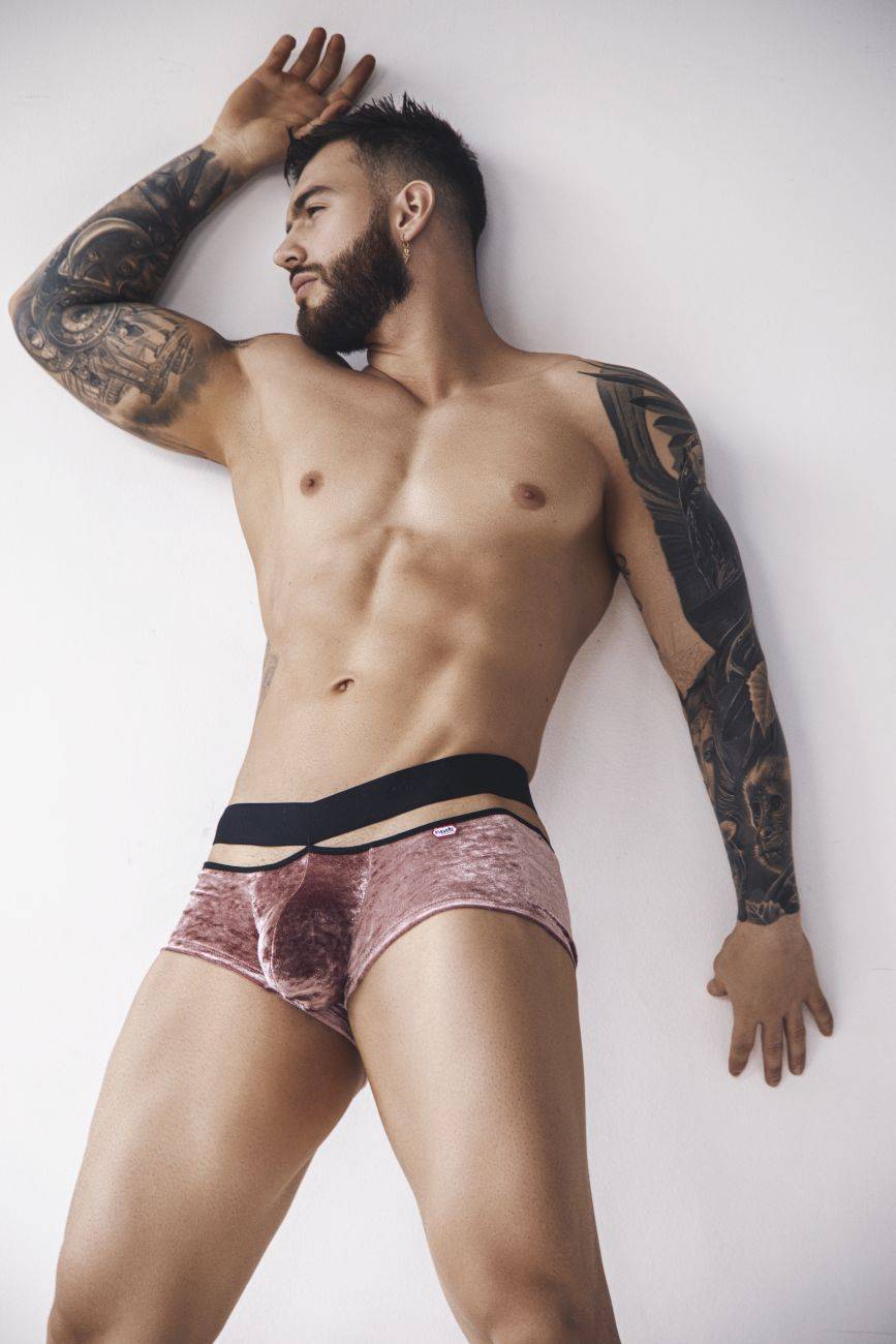 Pink velvet briefs with a black elastic waistband from pikante underwear offering bold design and superior comfort for men