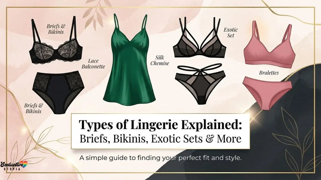 Illustrated flat lay of a black lace bra and brief set, a green silk slip, a sheer strappy set and a pink bralette with briefs