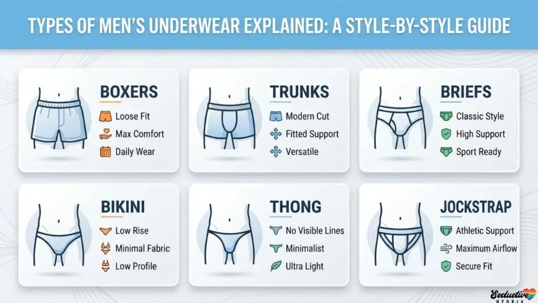Infographic showing six cards in a two-by-three grid — Boxers, Trunks, Briefs, Bikini, Thong and Jockstrap — each with a line illustration and three feature bullet points, with the Seductive Utopia logo in the bottom corner