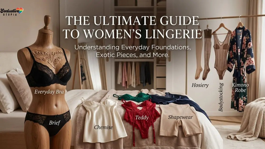 Lingerie style flat lay showing a bra and brief on a mannequin, plus a chemise, teddy, shapewear, hosiery, bodystocking and kimono robe