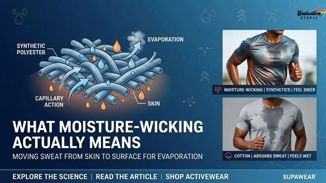 Moisture-wicking infographic showing capillary action through fabric, with two runners illustrating contrasting sweat patterns.