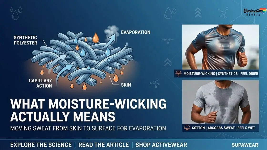 Moisture-wicking infographic showing capillary action through fabric, with two runners illustrating contrasting sweat patterns.