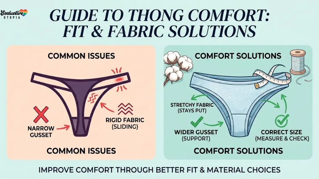 Infographic comparing thong fit issues like a narrow gusset and rigid fabric with solutions like stretchy fabric, a wider gusset and correct sizing