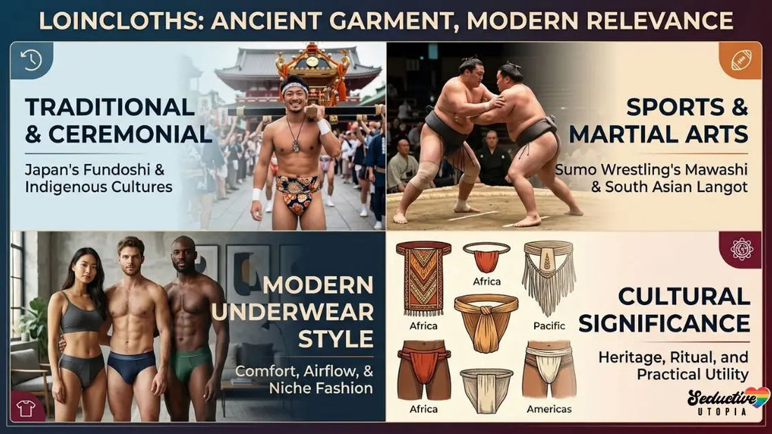 Four-panel infographic on loincloths traditional Japanese fundoshi festival dress, sumo wrestlers in mawashi belts, modern minimalist underwear on three models, and illustrated traditional styles from Africa, the Pacific and the Americas.