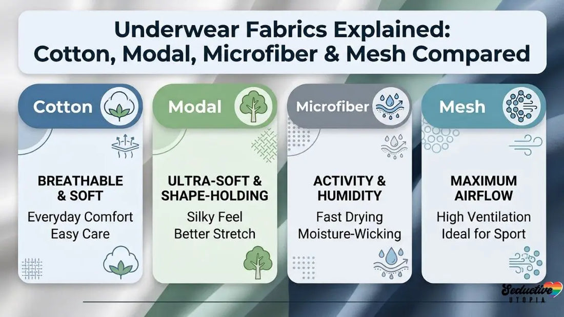 Infographic comparing cotton, modal, microfiber and mesh underwear fabrics, each with an icon and key traits.