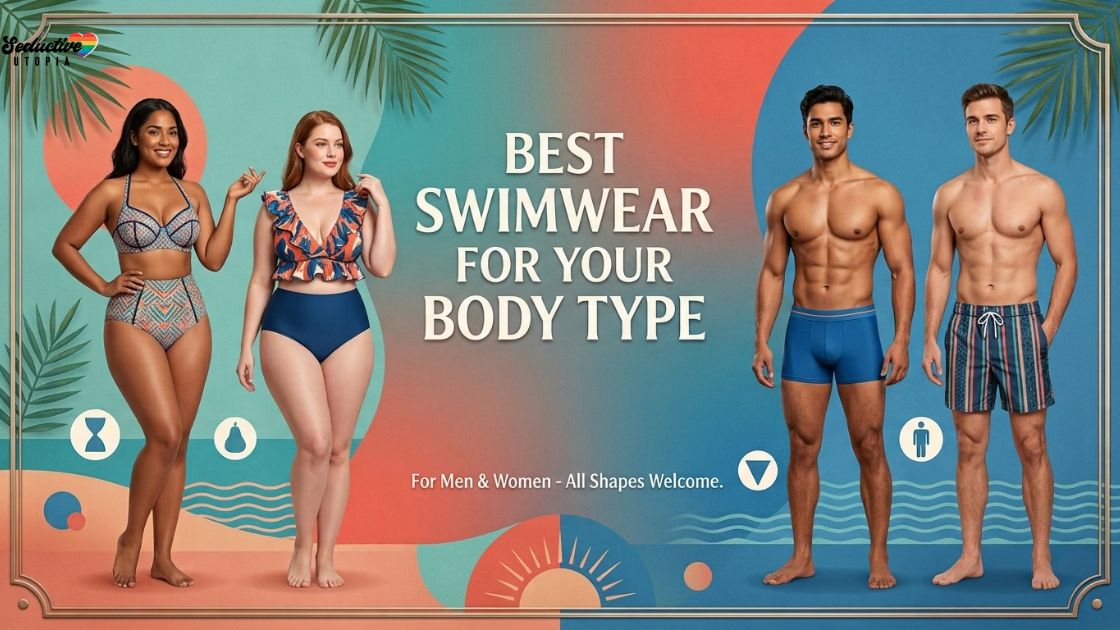 Two women in high waisted bikinis and two men in swim briefs and boardshorts, with body shape icons representing different swimwear style matches.