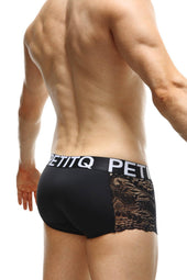 Black petitq men’s briefs with lace panel on the side and branded waistband in a sexy underwear style