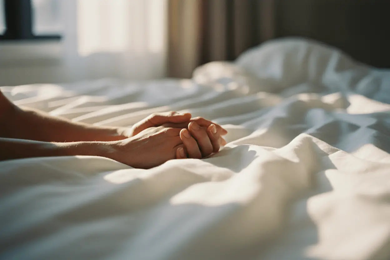 Soft white linen sheets gently cradle clasped hands in warm sunlight for partnered intimacy and couples toys guide