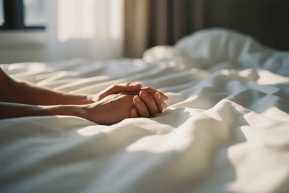 Soft white linen sheets gently cradle clasped hands in warm sunlight for partnered intimacy and couples toys guide