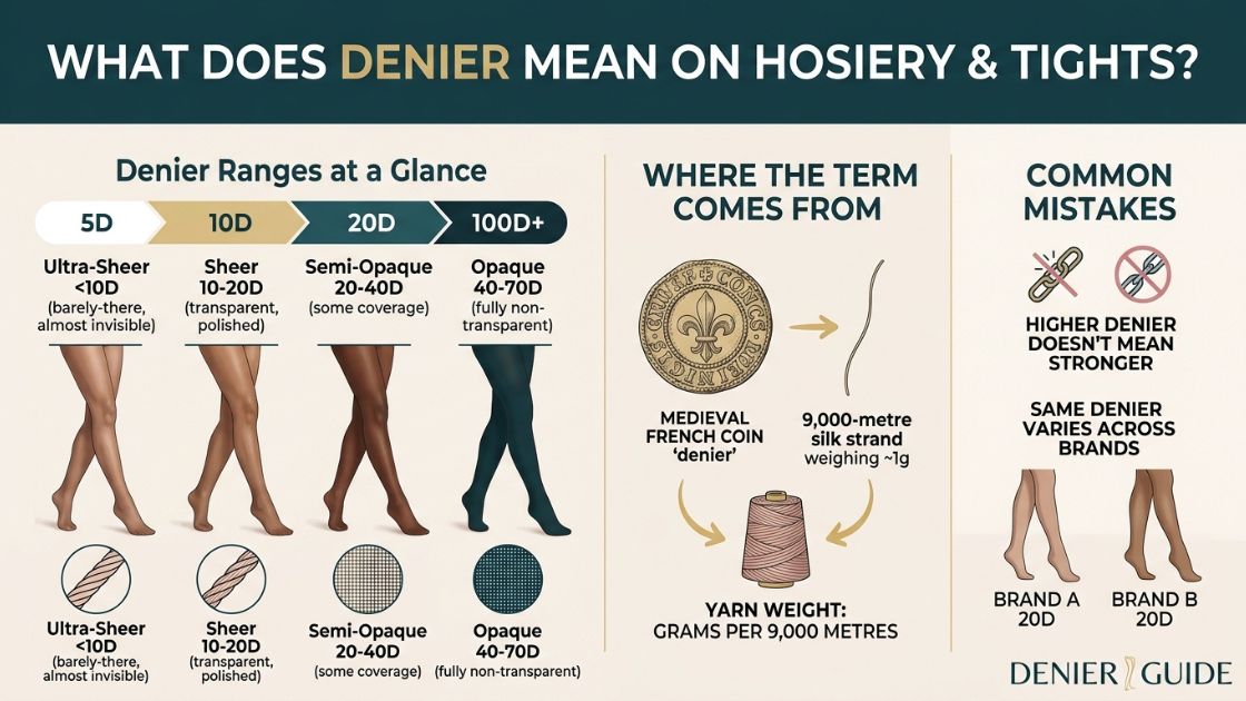 Infographic explaining denier ranges from ultra-sheer to opaque with leg illustrations, the origin of the term denier, and common denier myths