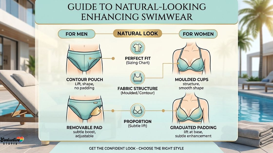 Infographic comparing enhancing swimwear for men and women, showing contour pouches, removable pads, moulded cups and graduated padding for a natural look.