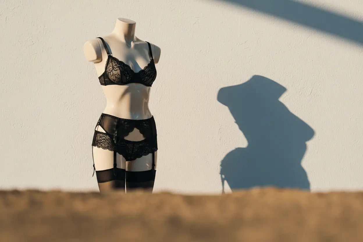 Black lace lingerie set on a mannequin against a textured wall.