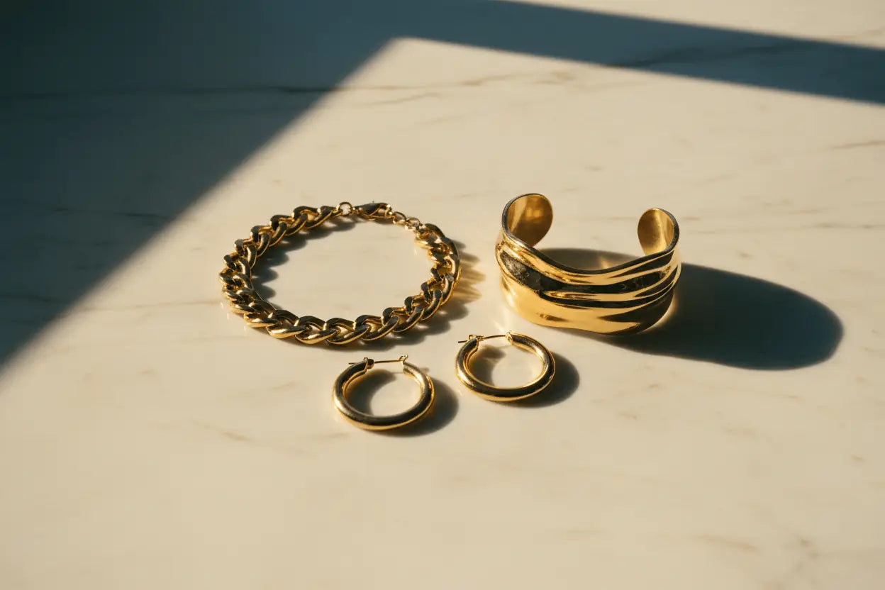 Chunky gold chain necklace, sculptural cuff and hoop earrings on ivory marble — editorial fashion accessories flat-lay for 2026 style guide