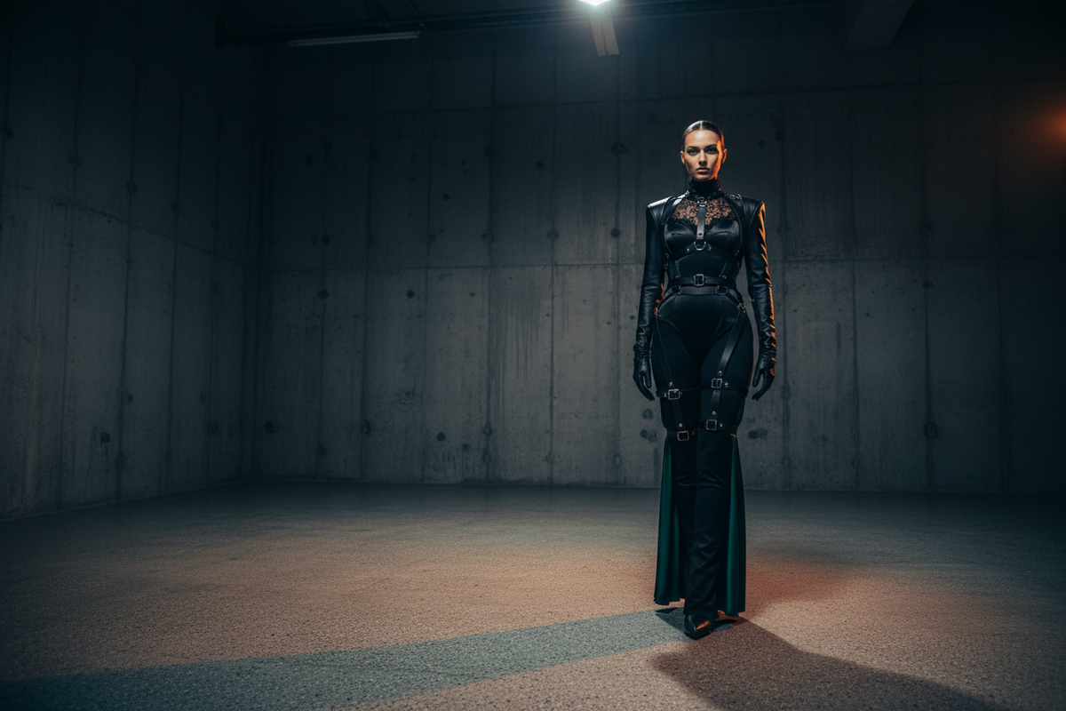 Editorial fashion shot of a figure in a black architectural harness and structured bodysuit with chrome hardware against a brutalist concrete studio backdrop