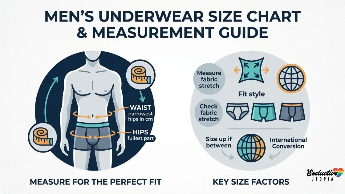 Men's underwear size chart and measurement guide showing waist and hip measurements