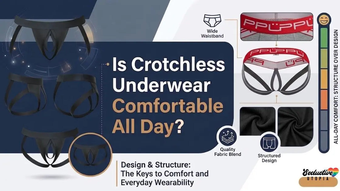 infographic showing several black crotchless underwear styles and a red-and-black crotchless brief alongside fabric swatches and a vertical colour-coded comfort scale