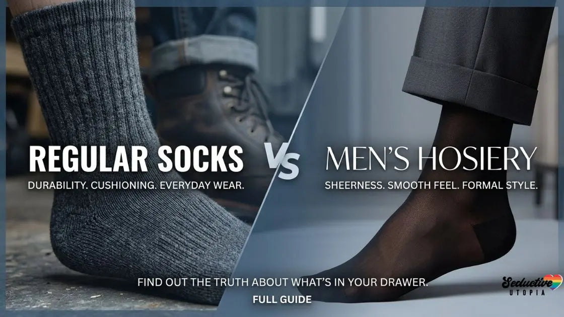 A grey ribbed wool sock and boot on the left labelled Regular Socks, and a dark sheer hosiery sock under a tailored trouser cuff on the right labelled Men's Hosiery