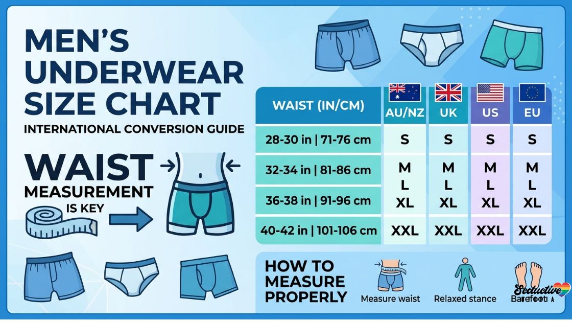 Men's underwear size chart showing AU, UK, US and EU international size conversions by waist measurement
