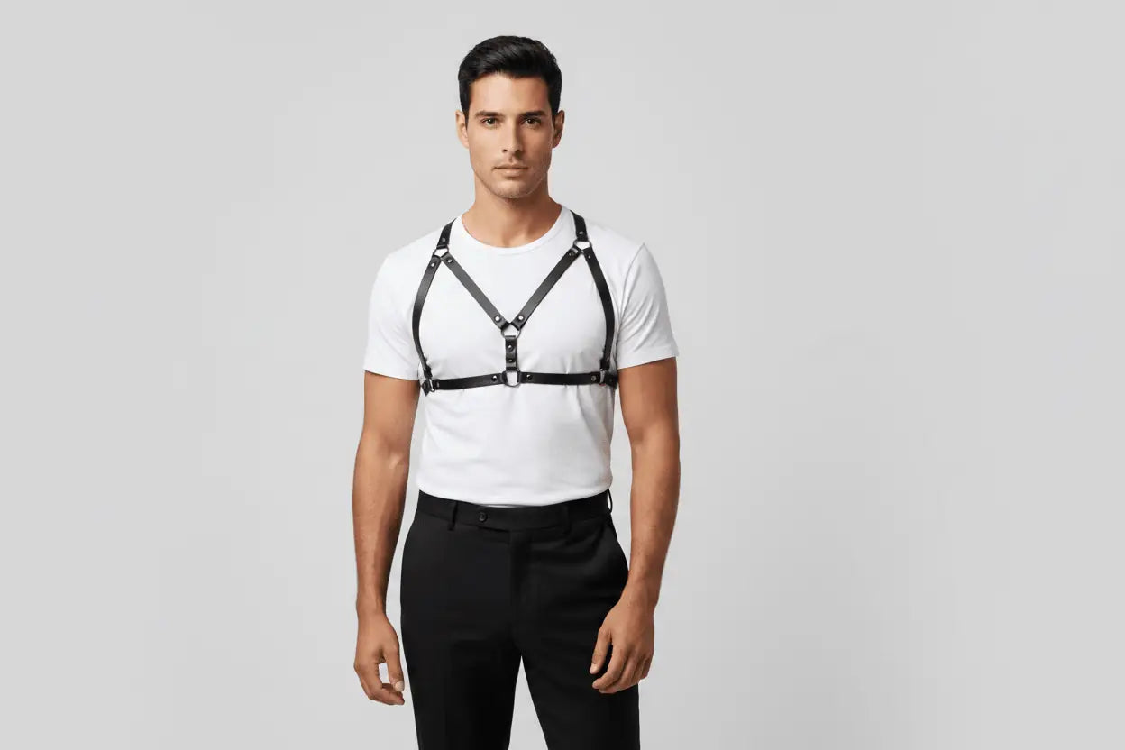 Black leather men’s harness with silver metal buckles and adjustable straps featured in men’s harness fashion guide
