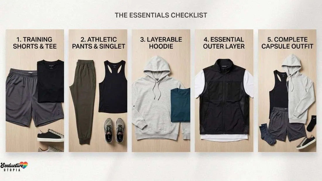 Five-panel activewear checklist showing shorts, tees, joggers, a hoodie, a vest and a complete outfit.