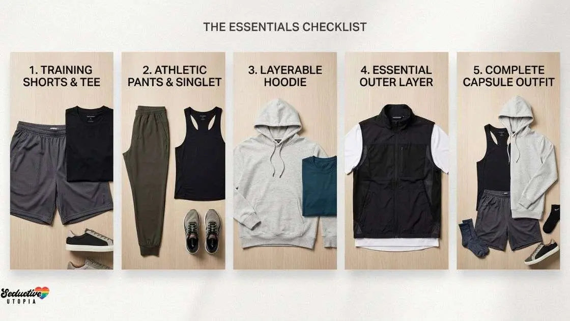 Five-panel activewear checklist showing shorts, tees, joggers, a hoodie, a vest and a complete outfit.