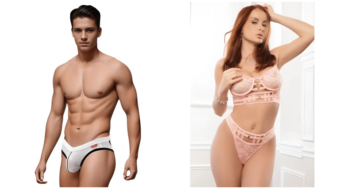 A pair of white and black sheer mesh briefs with a sleek modern design for men and women.
