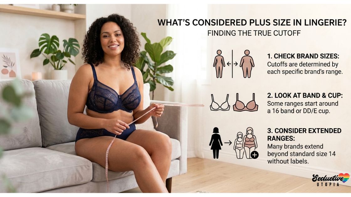 Woman wearing navy lace lingerie with measuring tape and plus size lingerie sizing information
