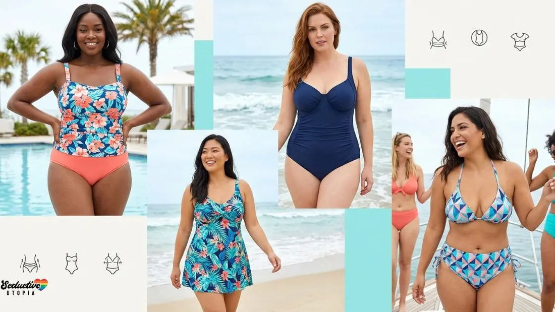 Four women wearing plus size swimwear: a floral tankini, a navy underwire one piece, a floral swim dress and a geometric print bikini, with swimwear construction icons.