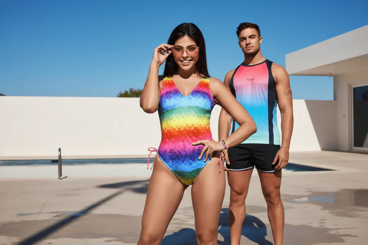 Rainbow-colored geometric patterned one-piece swimsuit with pink tie-side strings for pride and rave wear confidence.