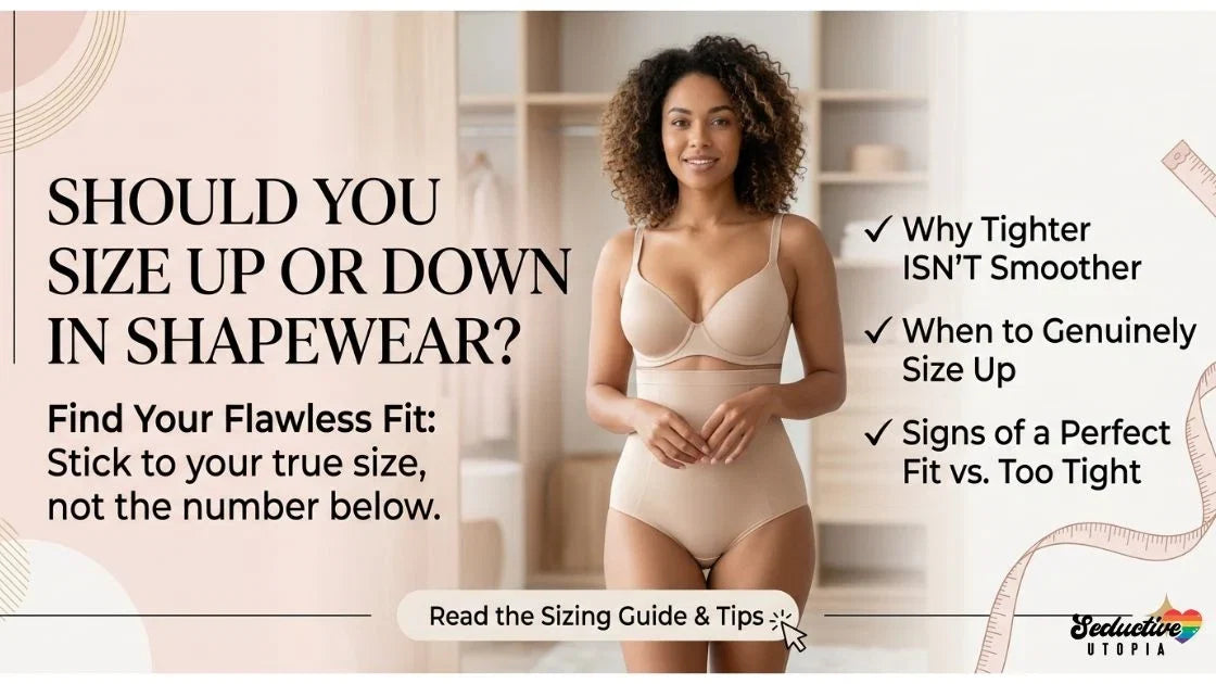Woman wearing beige shapewear with sizing tips on whether to size up or down for the right fit