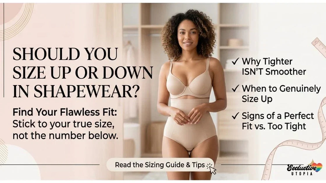 Woman wearing beige shapewear with sizing tips on whether to size up or down for the right fit